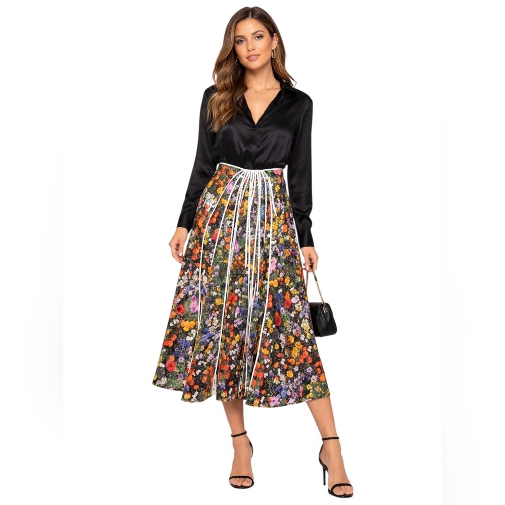 Stella McCartney Black Bold Floral Midi A-Line Stella Skirt, Multicolored, NWT - Picture 11 of 15